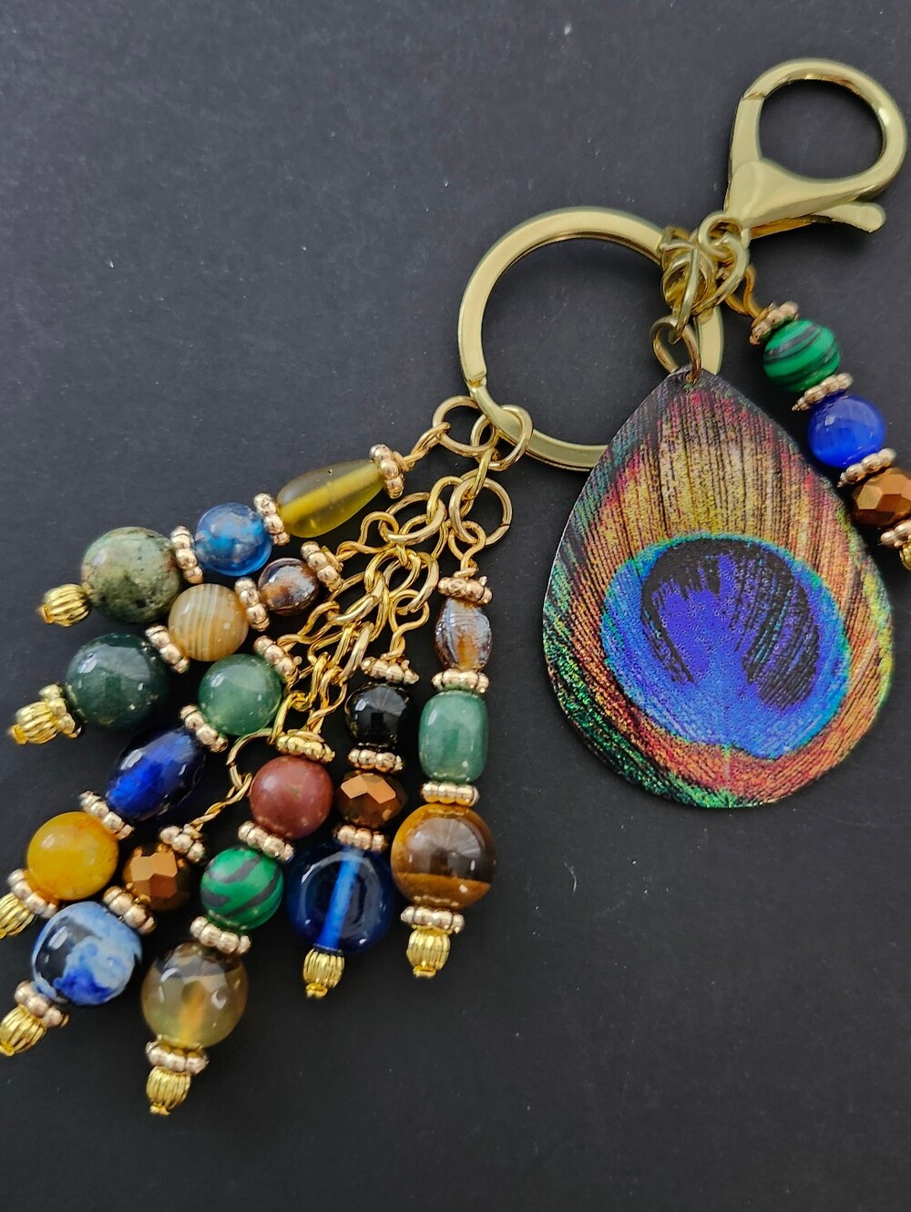 Peacock Purse Charm or Keychain Malachite Jasper Aventurine Handcrafted